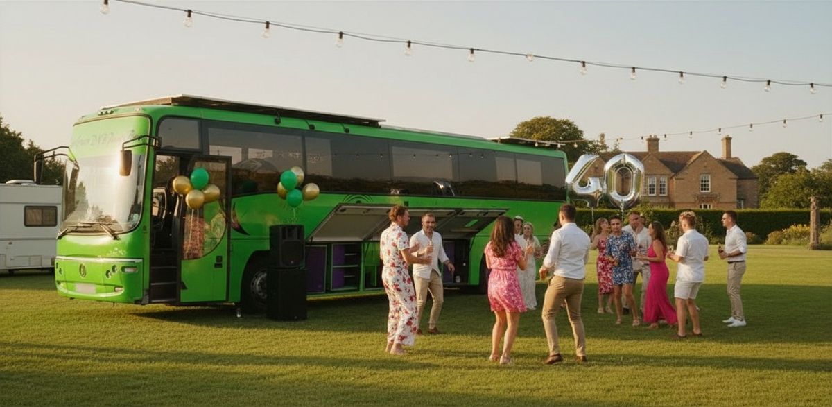 The party bus at a fortieth birthday party in a big back garden, balloons on the mirrors and guests dancing in the evening sun