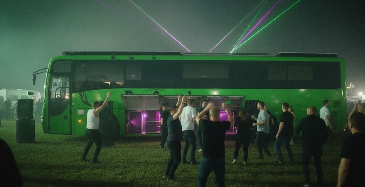The Green DnB Party Bus side-on at a night festival with its bays open, speakers either side and a crowd dancing under lasers